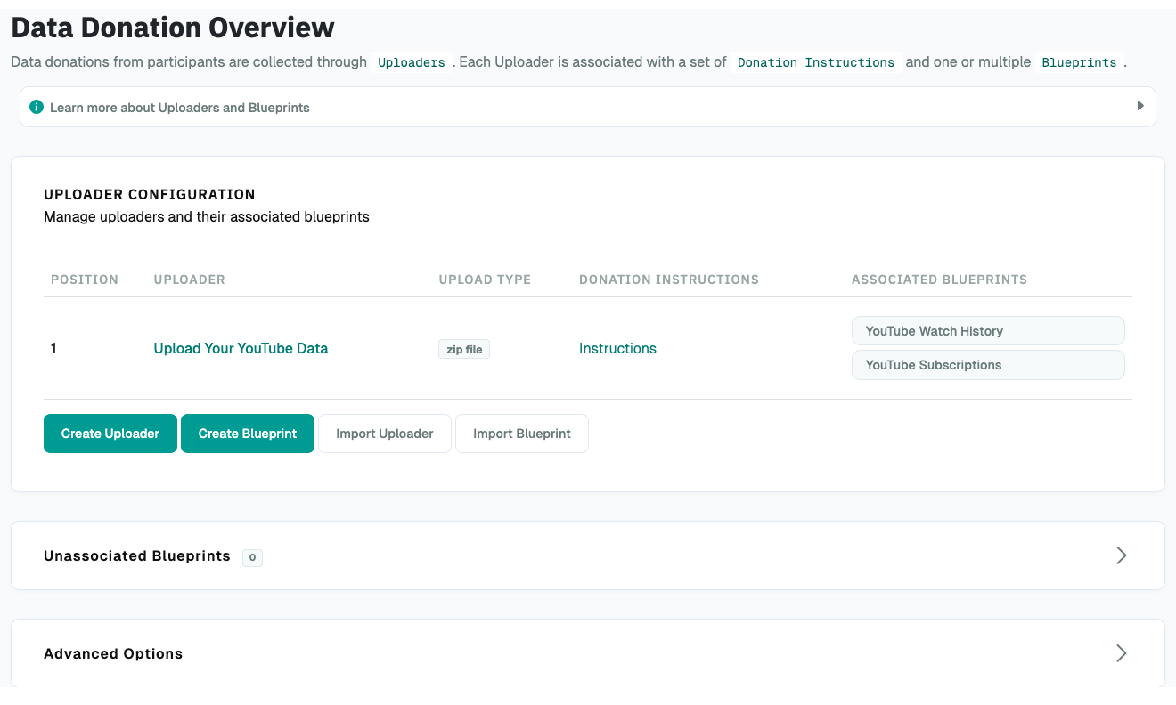 Data Donation Admin Page Screenshot