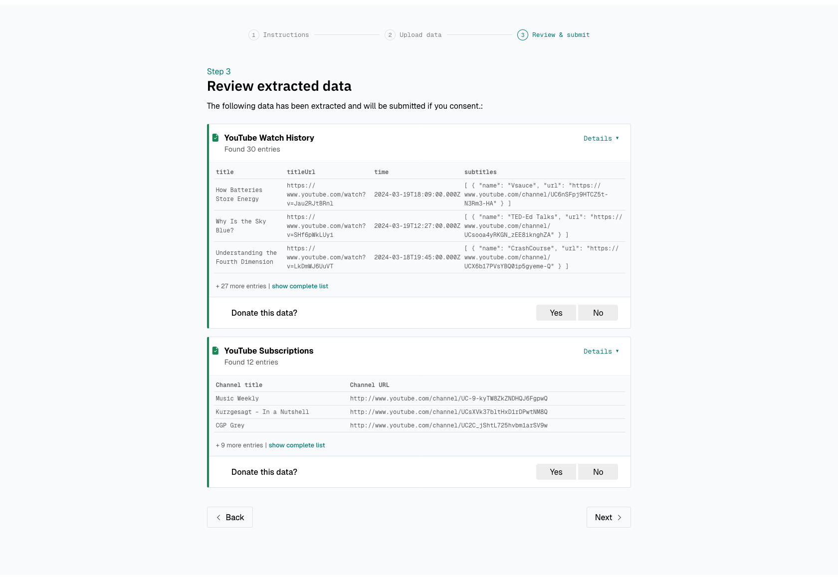 Data Donation Page After Upload Screenshot