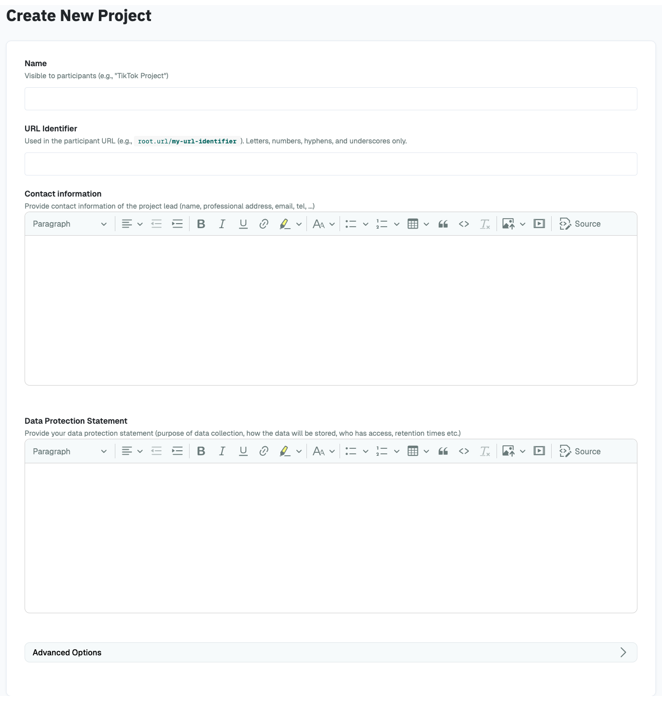 Project Create Form Screenshot