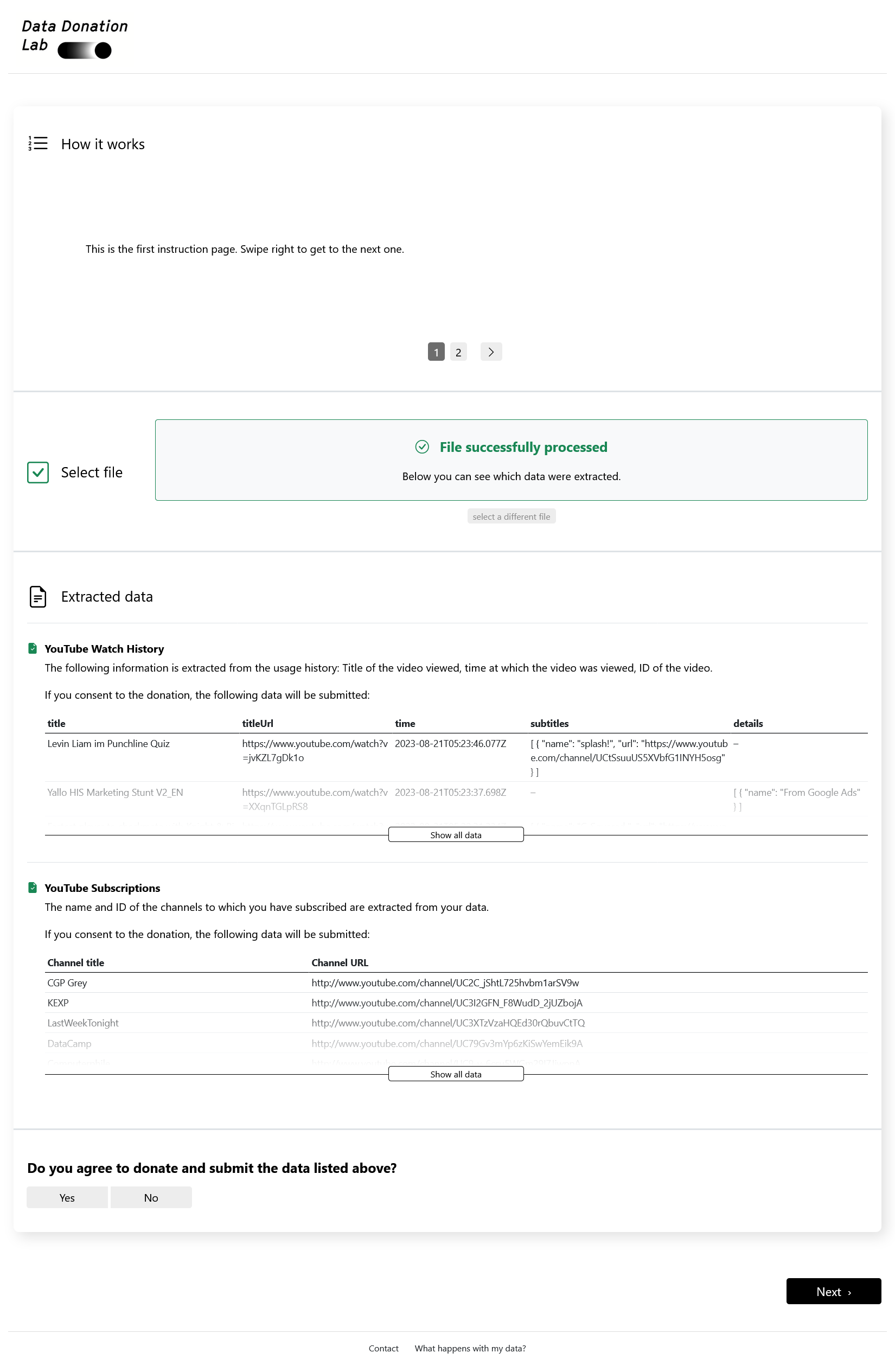 Data Donation Page After Upload Screenshot