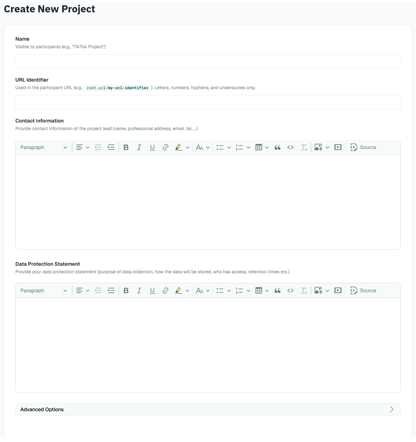 Project Create Form Screenshot