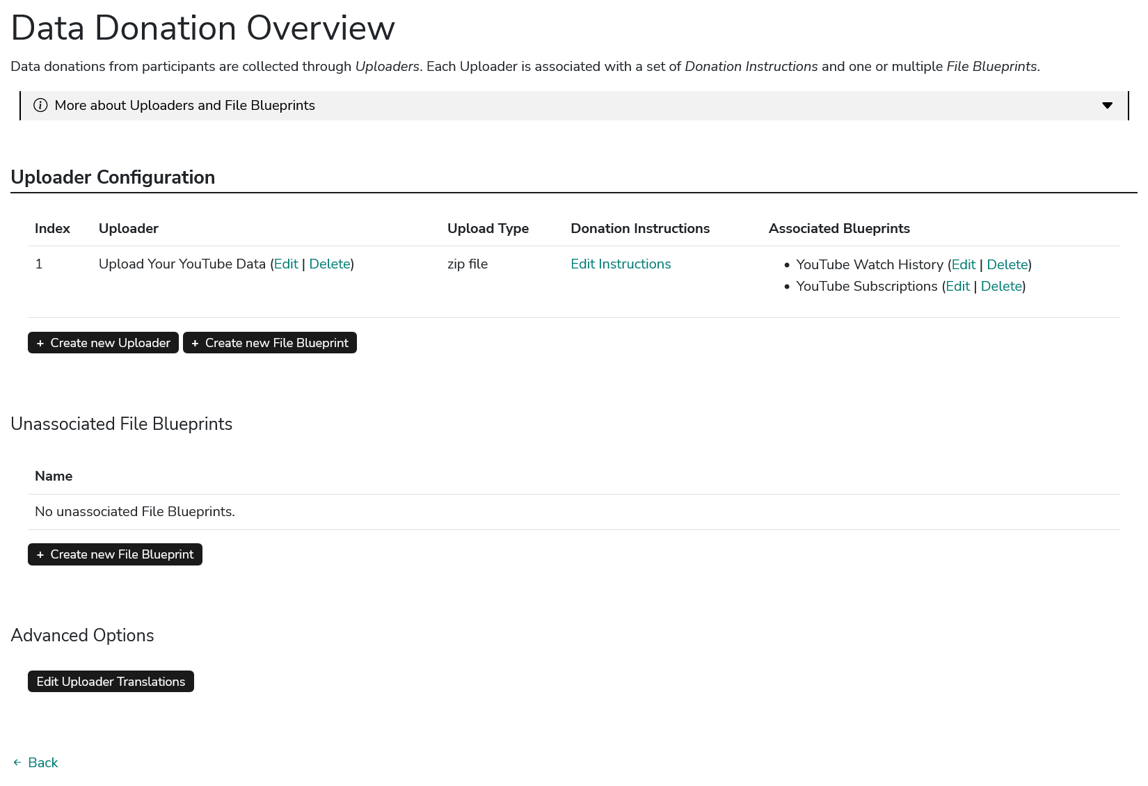 Data Donation Admin Page Screenshot
