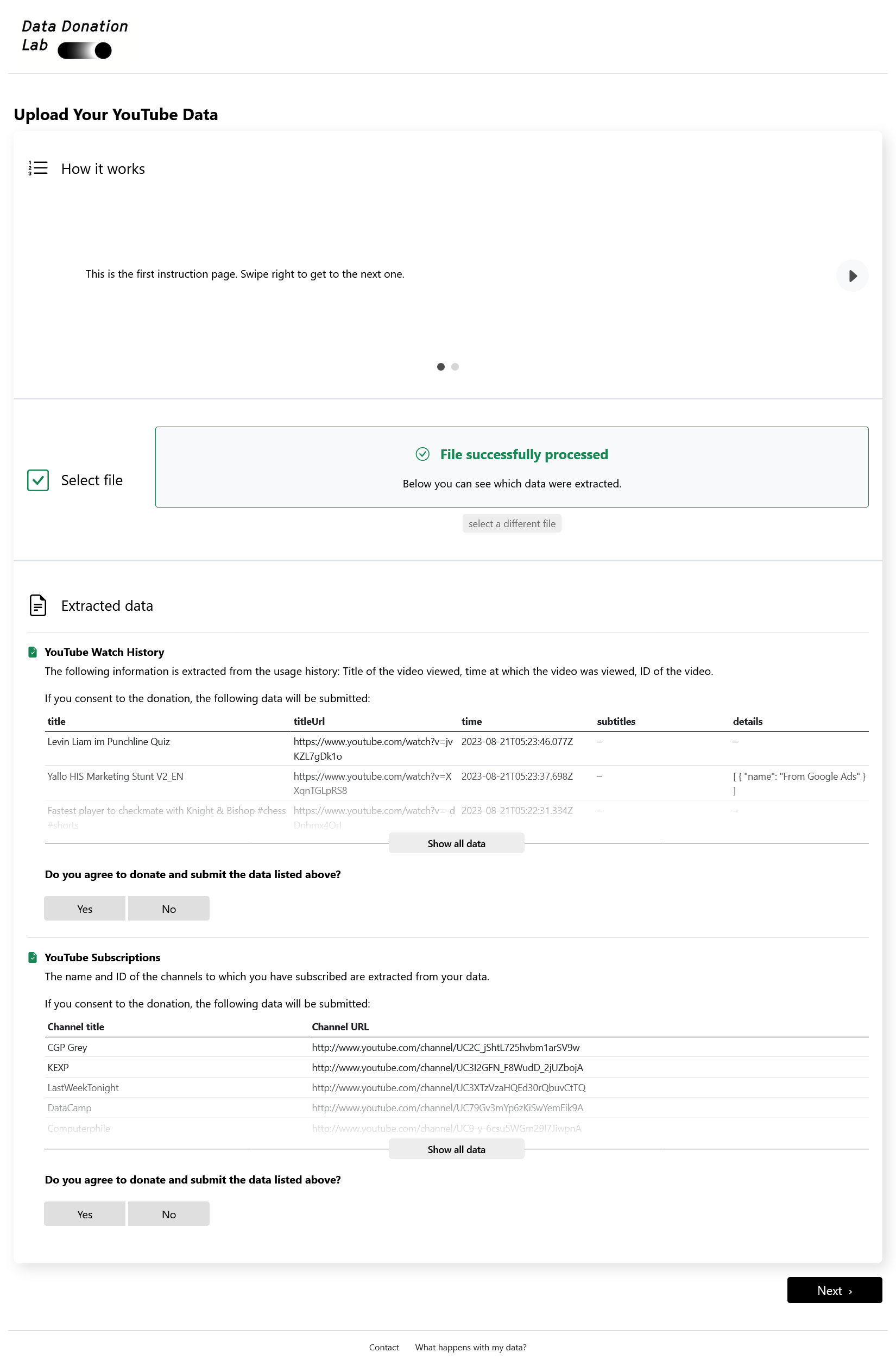 Data Donation Page Screenshot Default