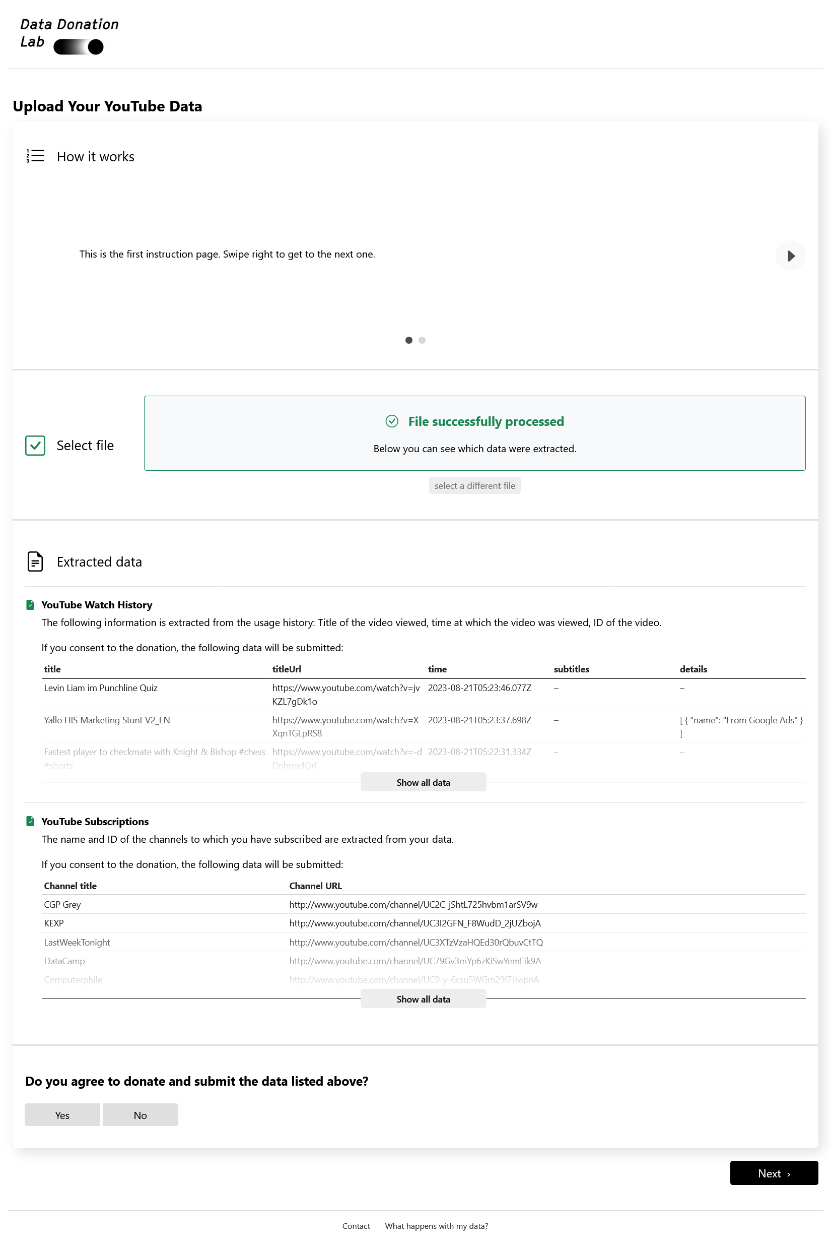 Data Donation Page Screenshot all-in-one consent