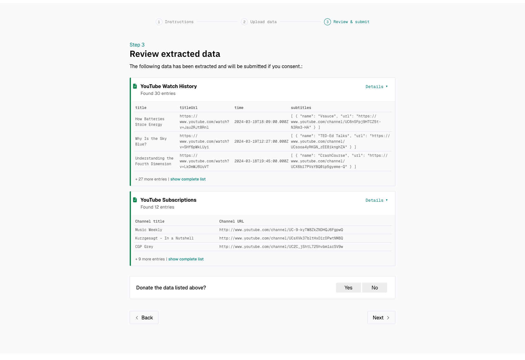 Data Donation Page Screenshot all-in-one consent